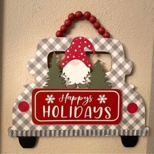Christmas Gnome Wall Hanging Decor Sign With Beaded Hook, Happy Holidays